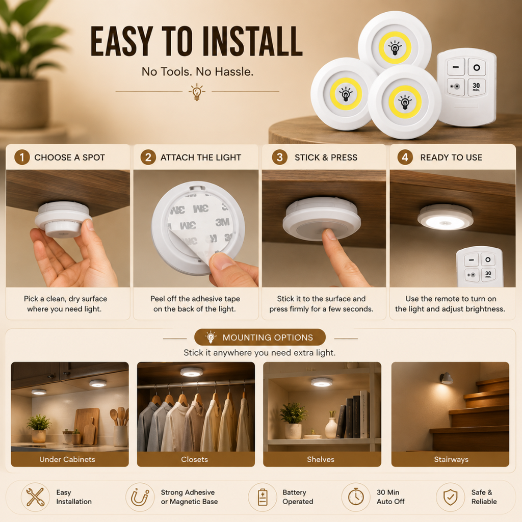 Set Of 3 Wireless Dimmable Remote-Control Light