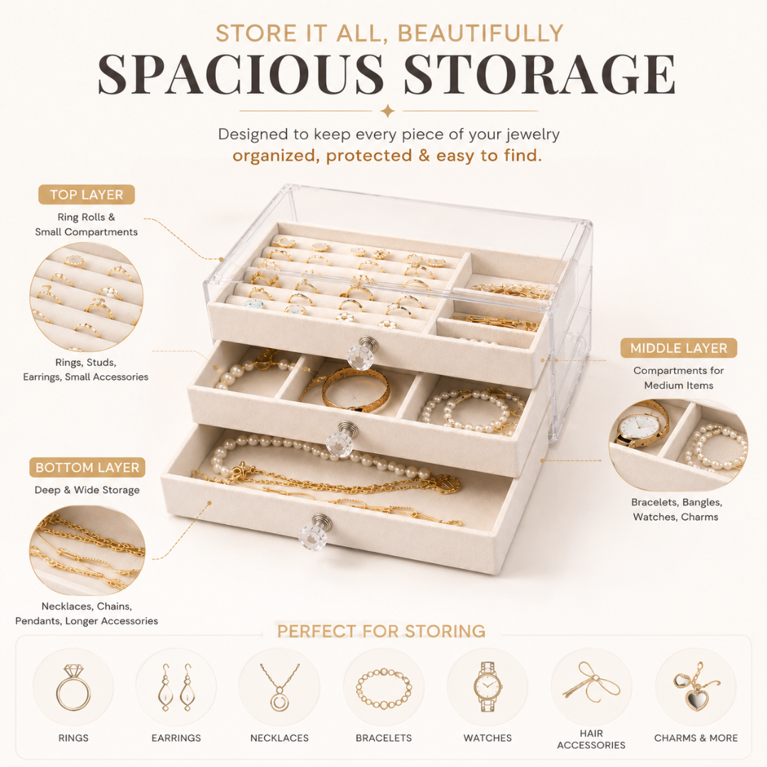 Velvet Acrylic 3 Layered Drawer Jewelry Organizer Drawer