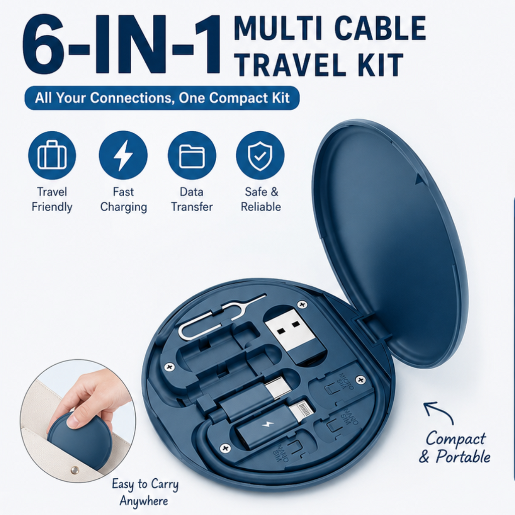 Multi-Function 6-in-1 Cable Kit with Different USB Pins Attachment & SIM slot (60w)