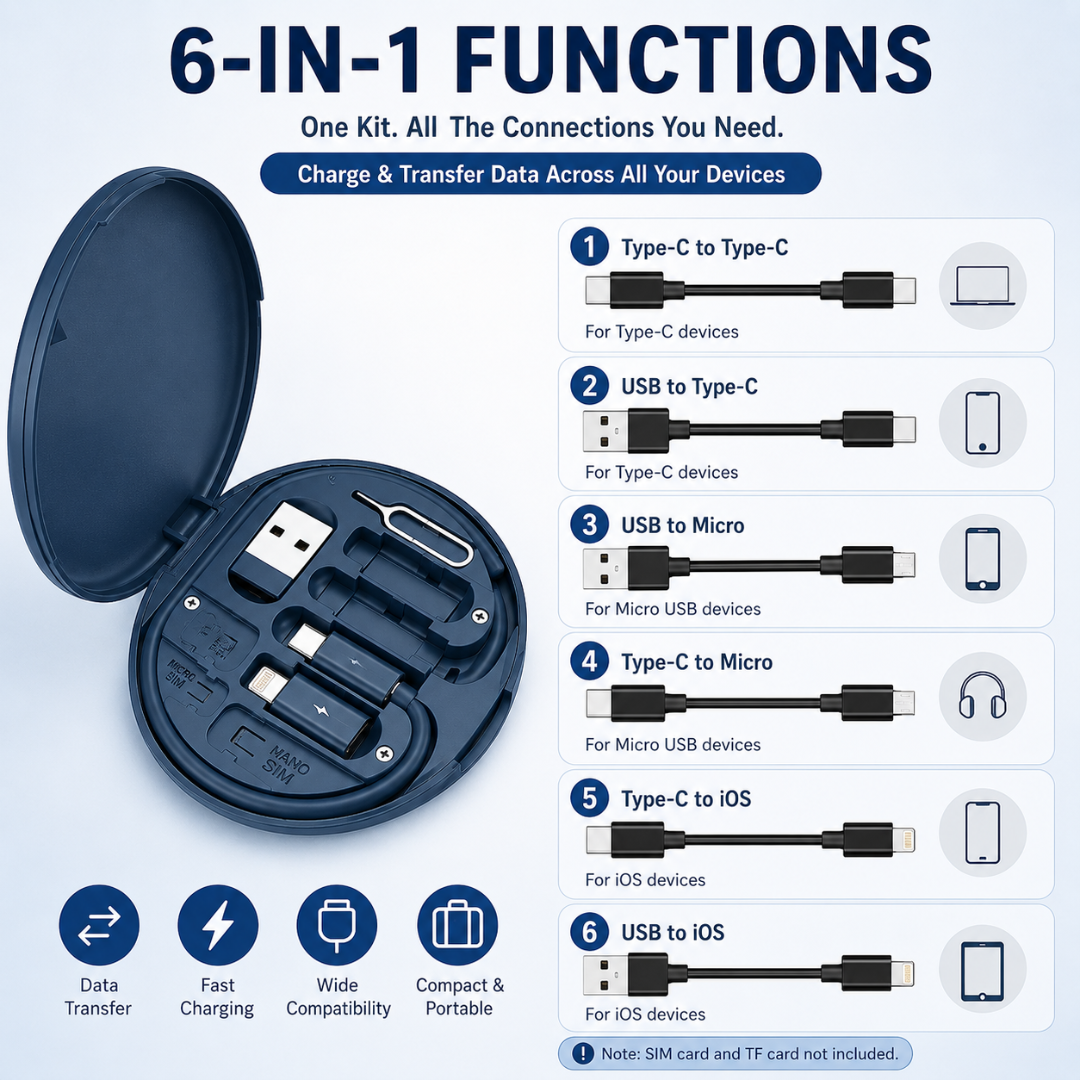 Multi-Function 6-in-1 Cable Kit with Different USB Pins Attachment & SIM slot (60w)