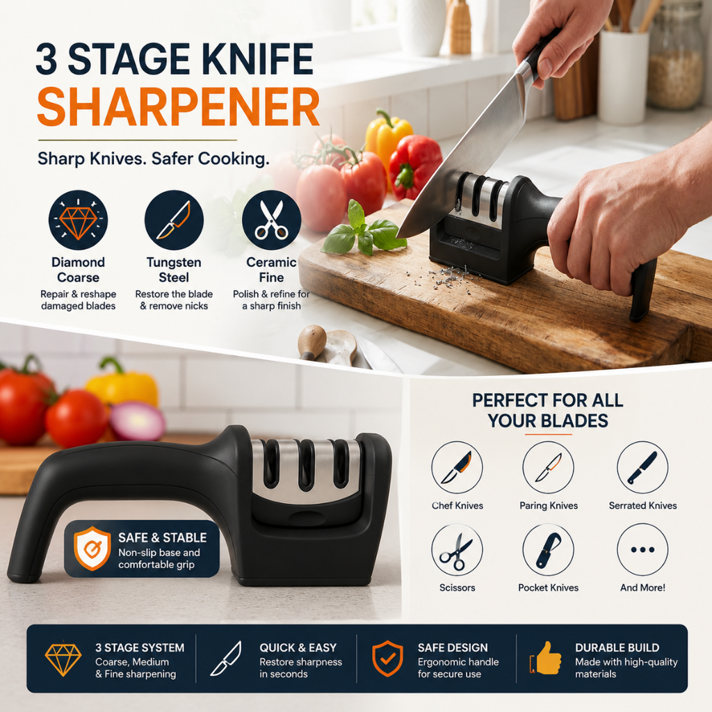 4-in-1 Kitchen Knife Accessories: 3-Stage Knife Sharpener Helps Repair, Restore, Polish Blades