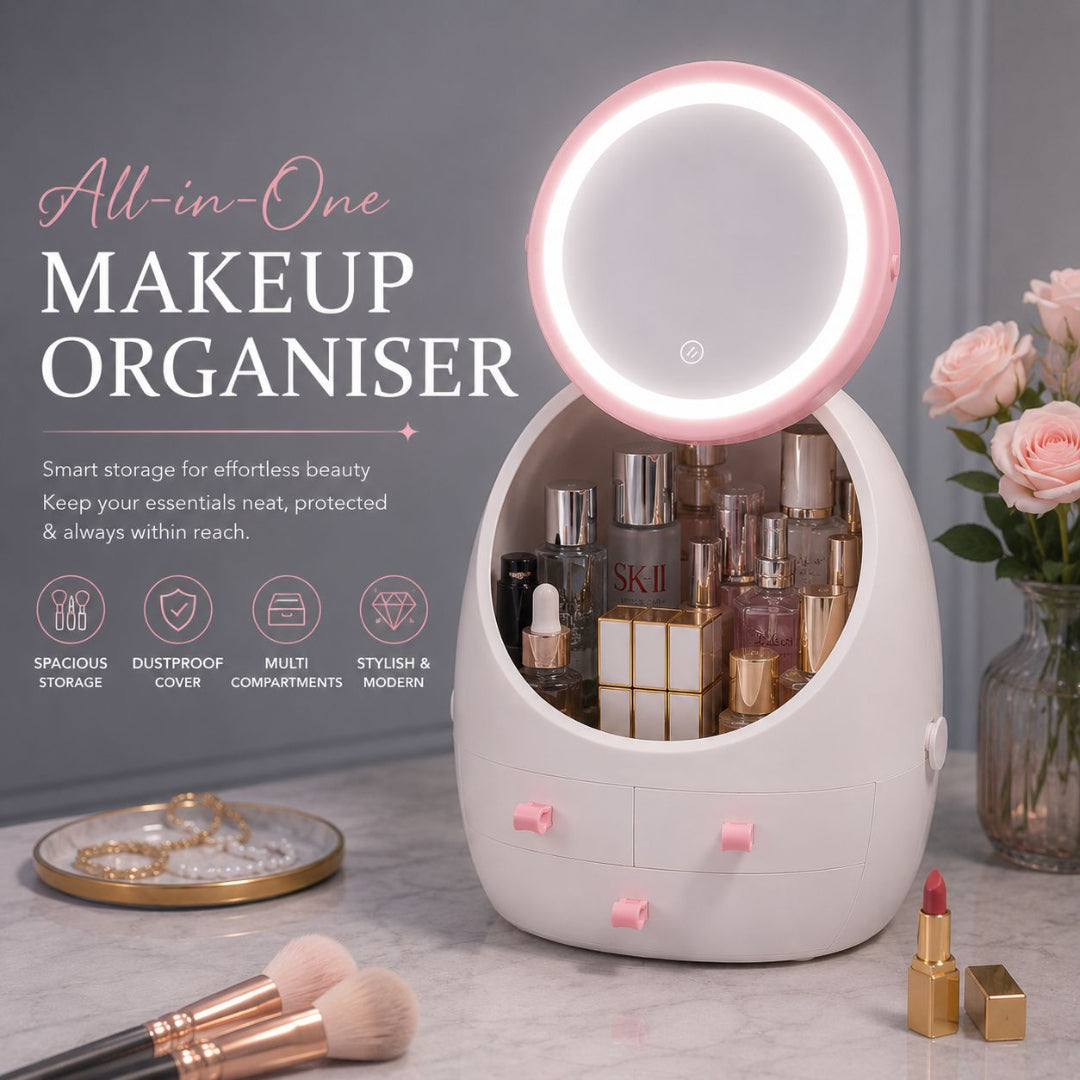 Egg Shape Organizer With LED Mirror ,Touch Light and Storage Drawers