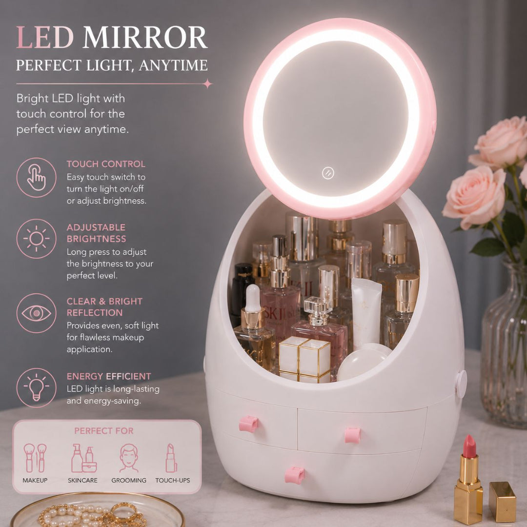 Egg Shape Organizer With LED Mirror ,Touch Light and Storage Drawers