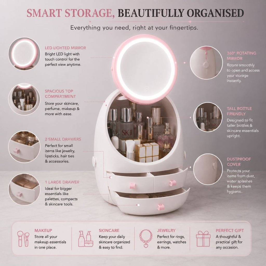 Egg Shape Organizer With LED Mirror ,Touch Light and Storage Drawers