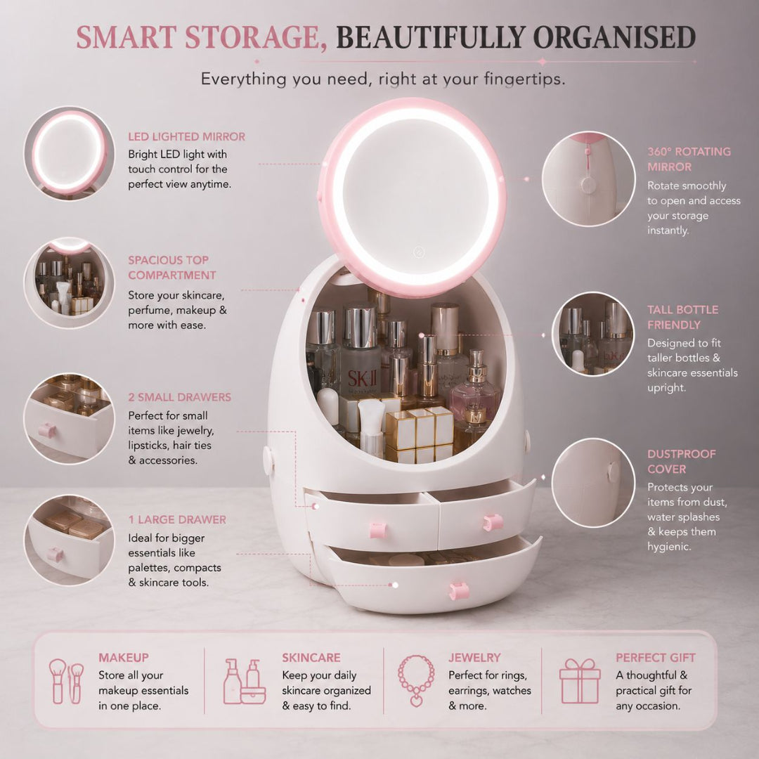 Egg Shape Organizer With LED Mirror ,Touch Light and Storage Drawers