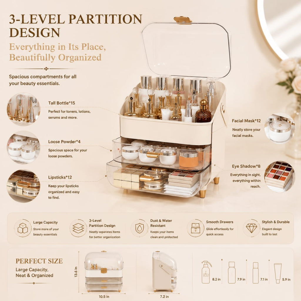 Premium Large Luxury Vanity top Organizer for Skincare, Makeup and Cosmetics