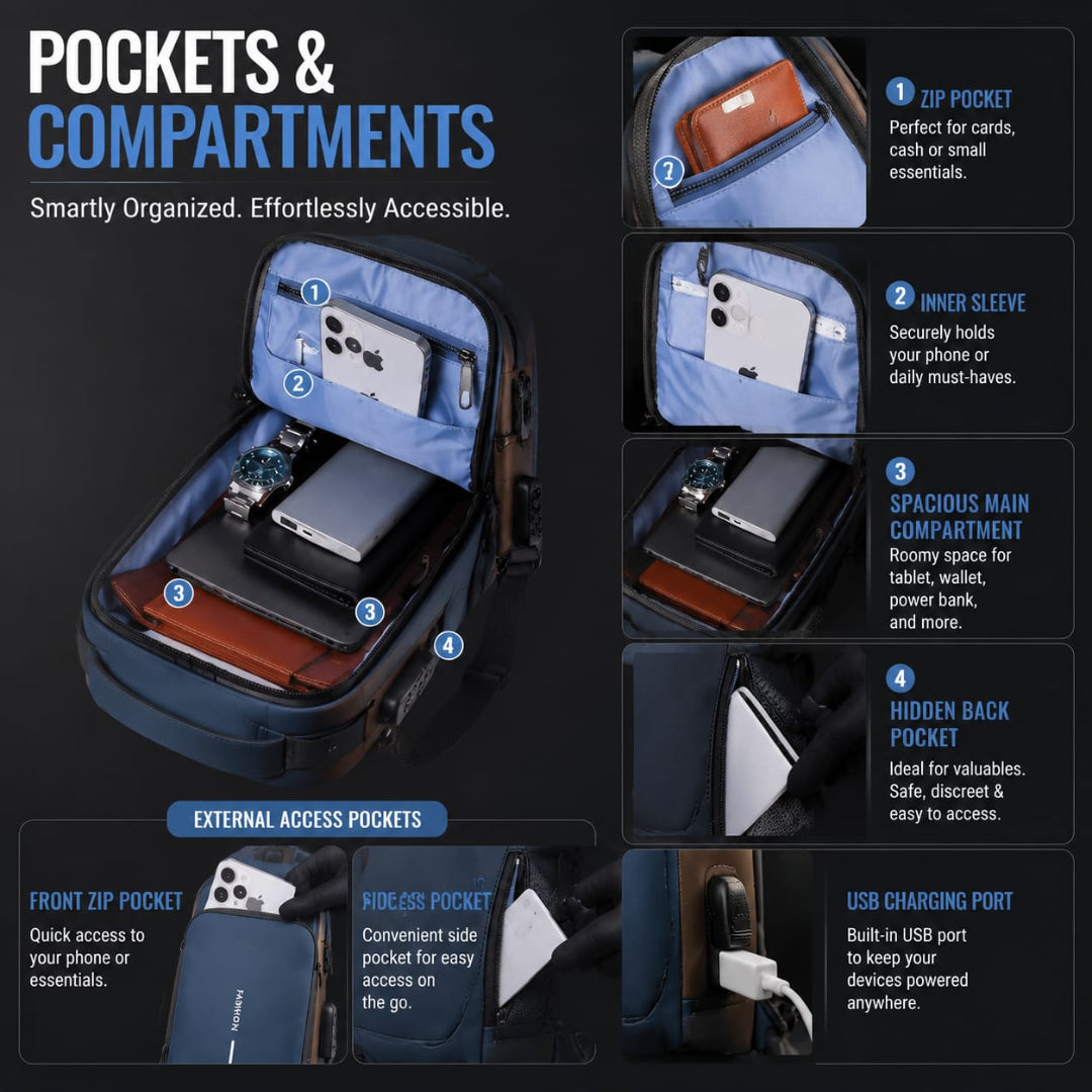 Anti-Theft Crossbody Shoulder Bag with Combination Lock & USB Charging Port