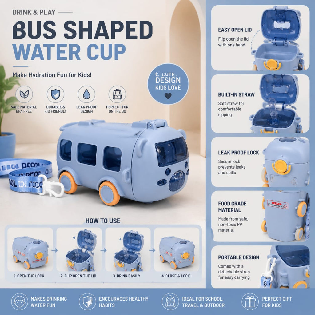 A bus-shaped water cup toy shown on a light beige background with feature callouts, usage steps, and icons. The cup is light blue with dark blue windows and orange wheels, and the image includes text explaining how to open the lid and drink from the built-in straw.