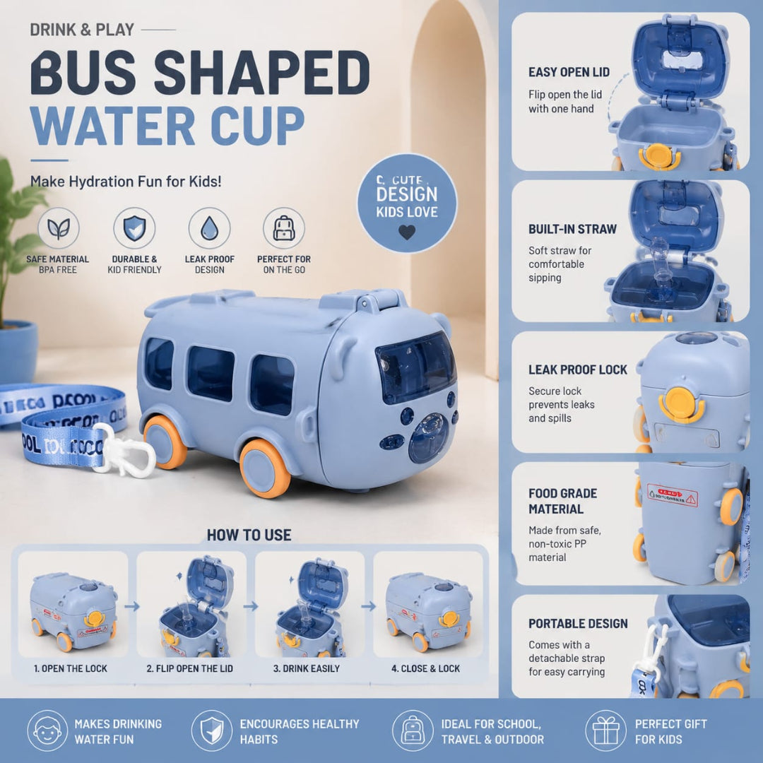 A bus-shaped water cup toy shown on a light beige background with feature callouts, usage steps, and icons. The cup is light blue with dark blue windows and orange wheels, and the image includes text explaining how to open the lid and drink from the built-in straw.