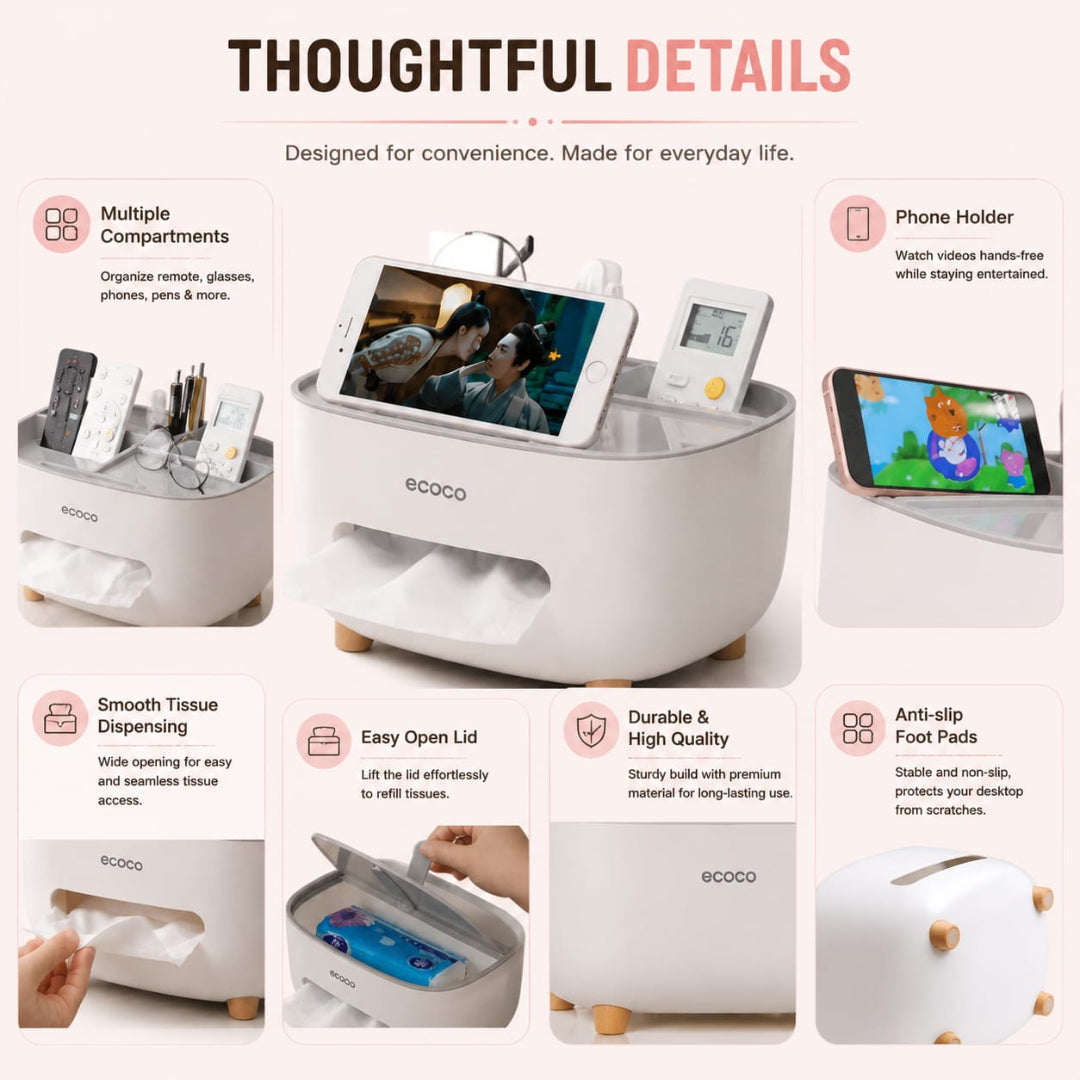 Multifunctional Tissue Box Organizer with Phone stand