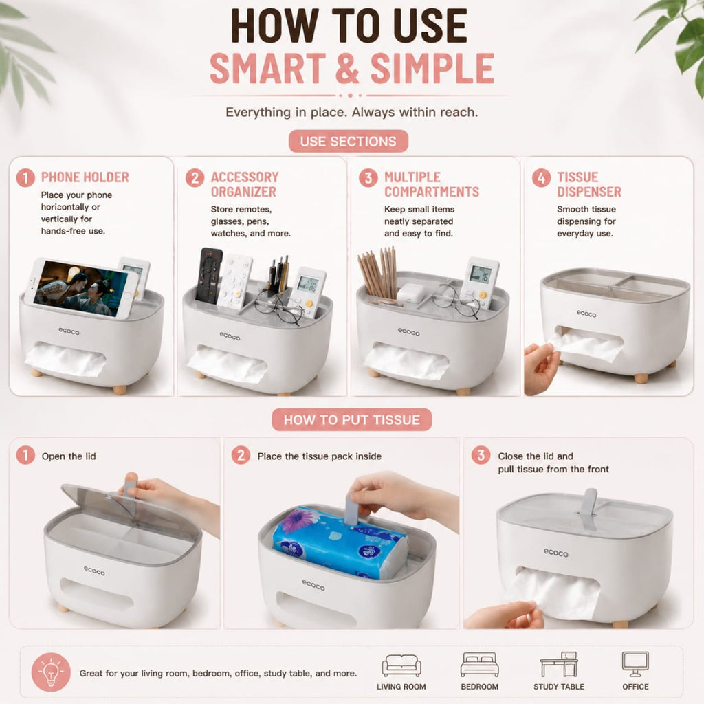 Multifunctional Tissue Box Organizer with Phone stand