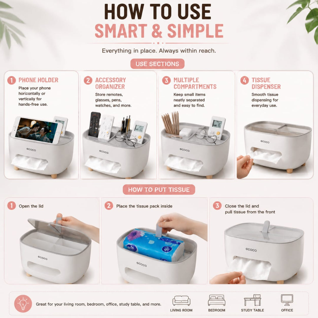 Multifunctional Tissue Box Organizer with Phone stand