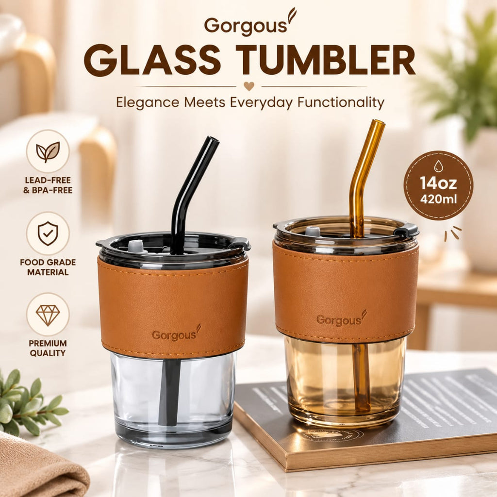 Glass Coffee Tumbler with Straw, Lid & Leather Strap