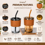 Glass Coffee Tumbler with Straw, Lid & Leather Strap