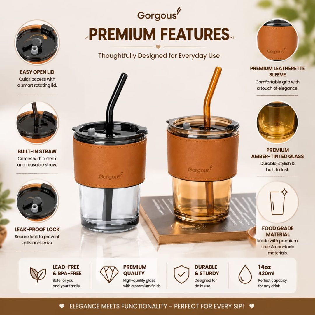 Glass Coffee Tumbler with Straw, Lid & Leather Strap