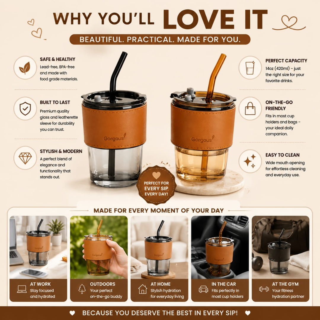 Glass Coffee Tumbler with Straw, Lid & Leather Strap