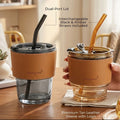 Glass Coffee Tumbler with Straw, Lid & Leather Strap