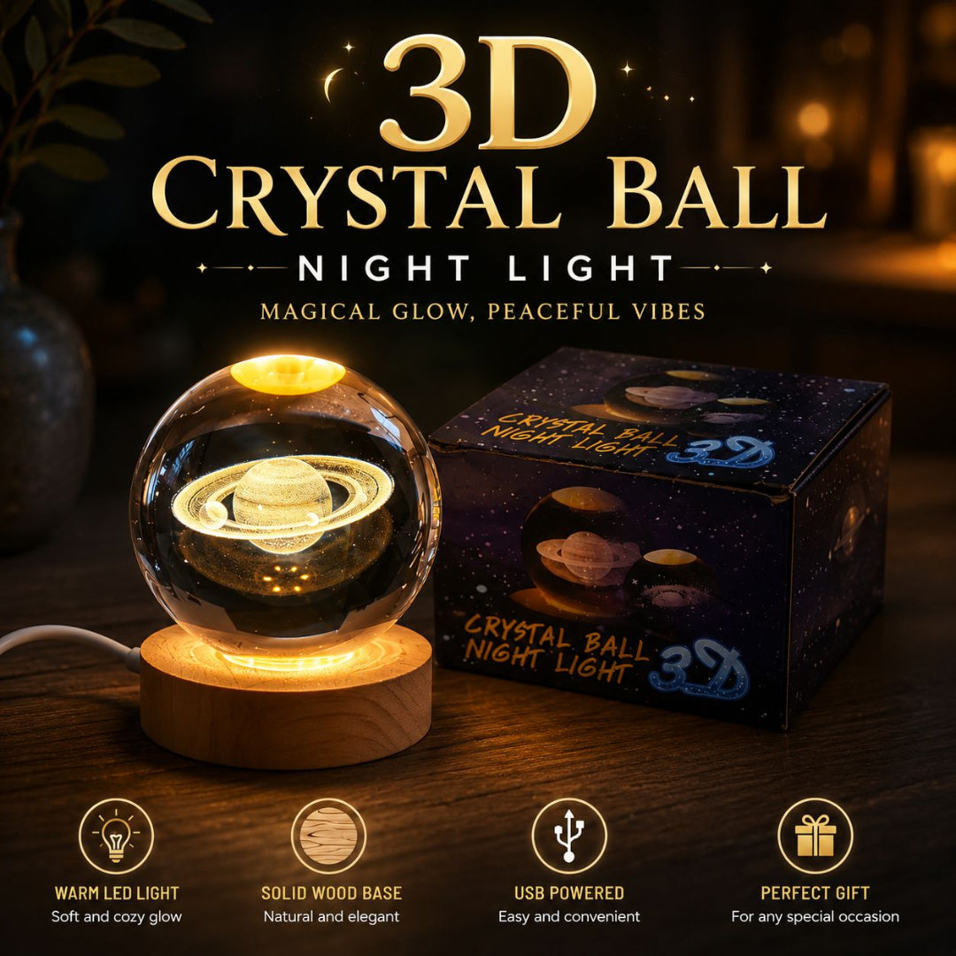 3D Saturn Crystal Ball Night Light with LED Wooden Base, Bedroom Night Light Decor