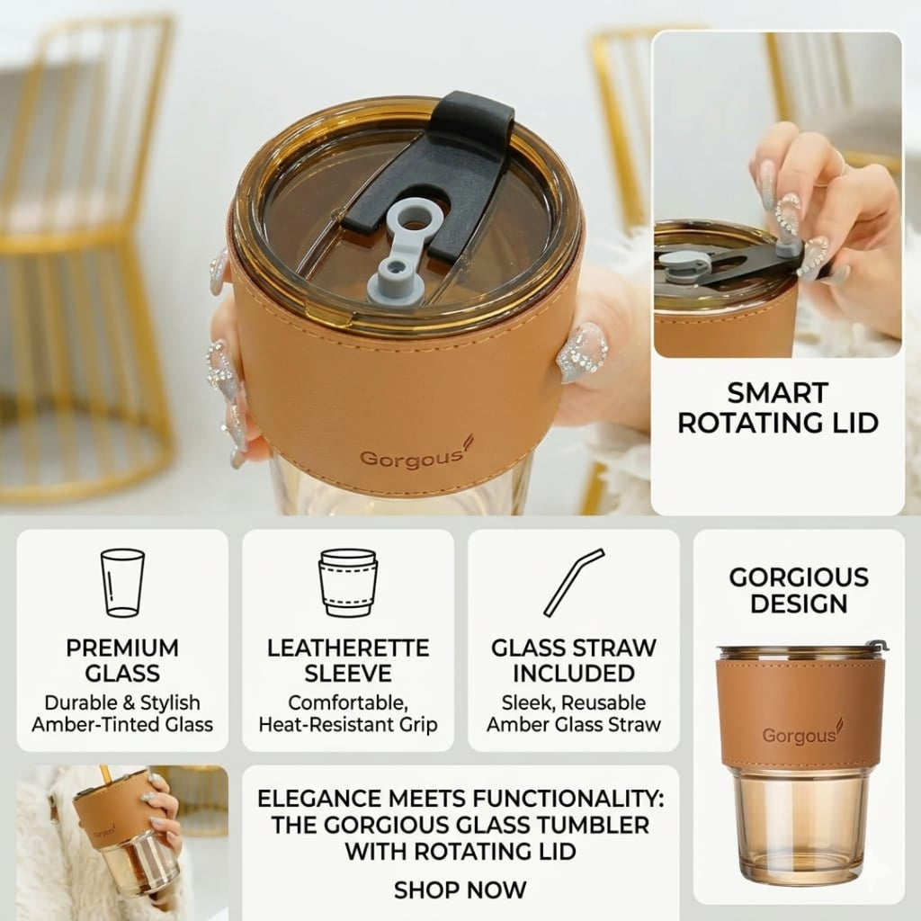 Glass Coffee Tumbler with Straw, Lid & Leather Strap