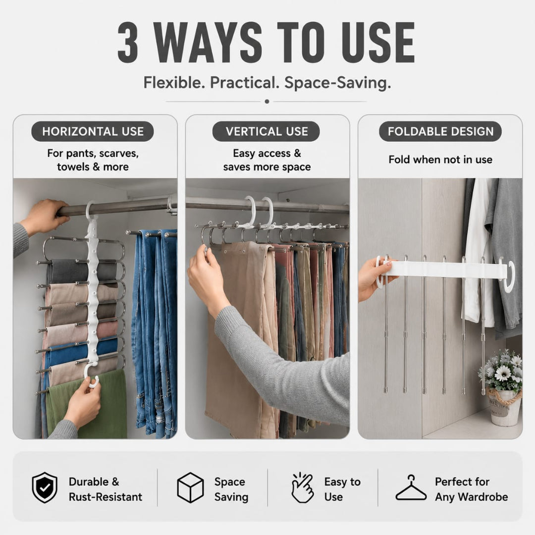 5 Tier Flexible Double Hook Stainless Steel Pant Hanger (Vertical & Horizontal)