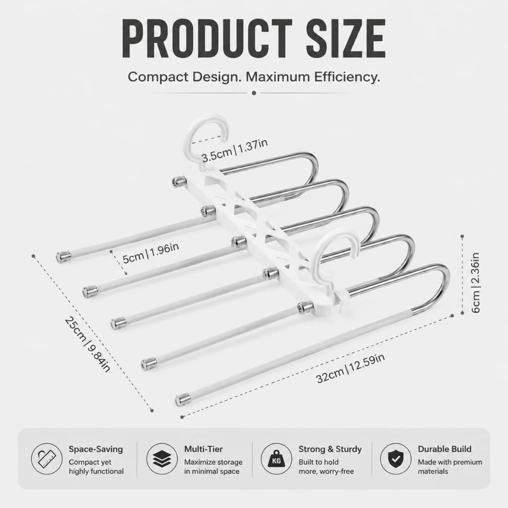 5 Tier Flexible Double Hook Stainless Steel Pant Hanger (Vertical & Horizontal)