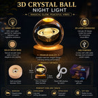 3D Saturn Crystal Ball Night Light with LED Wooden Base, Bedroom Night Light Decor