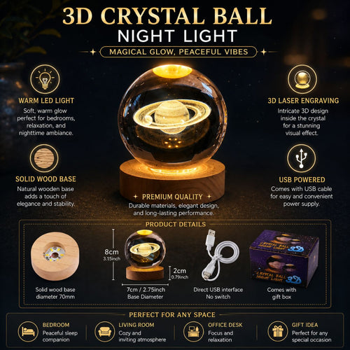 3D Saturn Crystal Ball Night Light with LED Wooden Base, Bedroom Night Light Decor