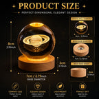 3D Saturn Crystal Ball Night Light with LED Wooden Base, Bedroom Night Light Decor
