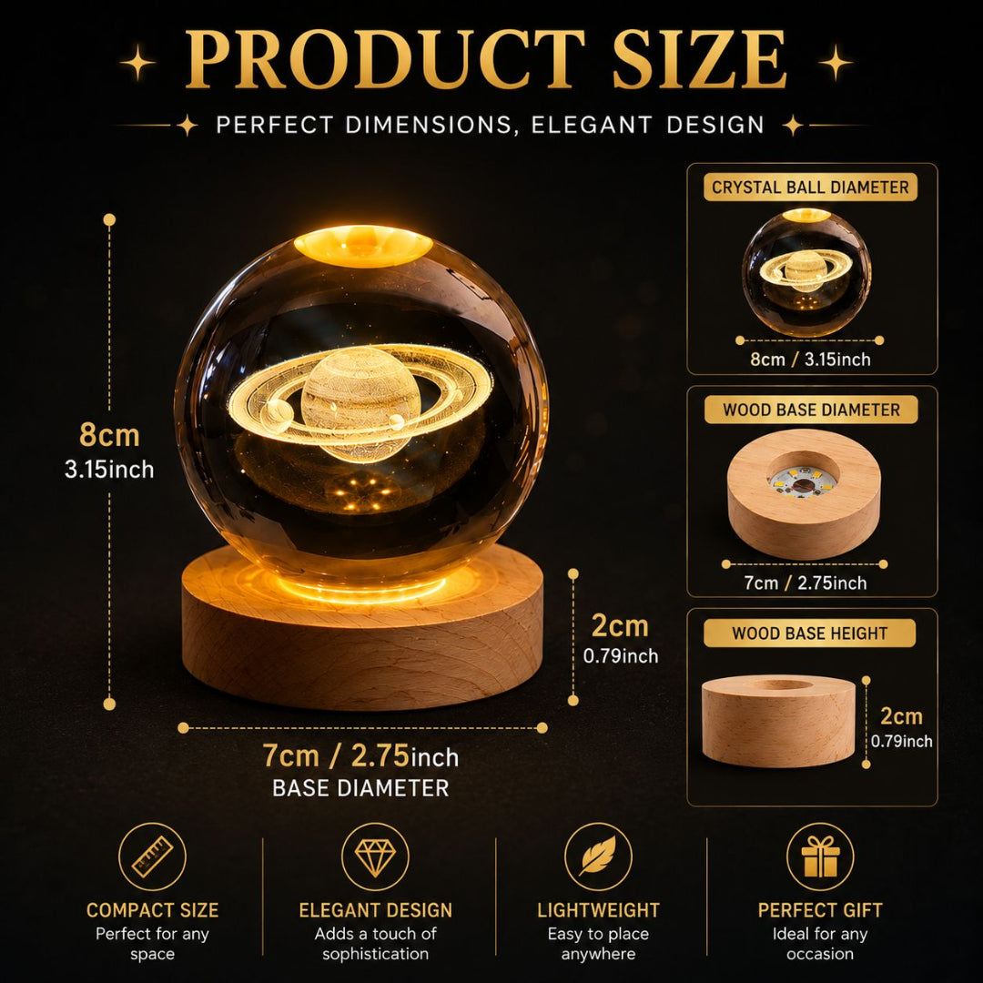 3D Saturn Crystal Ball Night Light with LED Wooden Base, Bedroom Night Light Decor