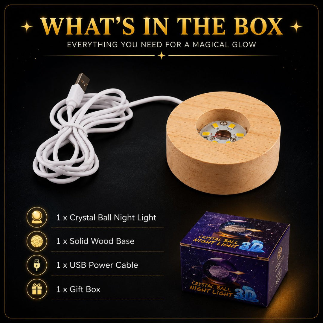 3D Saturn Crystal Ball Night Light with LED Wooden Base, Bedroom Night Light Decor