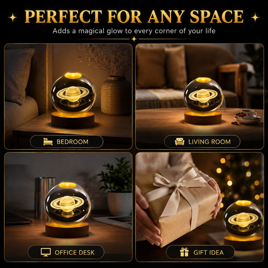 3D Saturn Crystal Ball Night Light with LED Wooden Base, Bedroom Night Light Decor