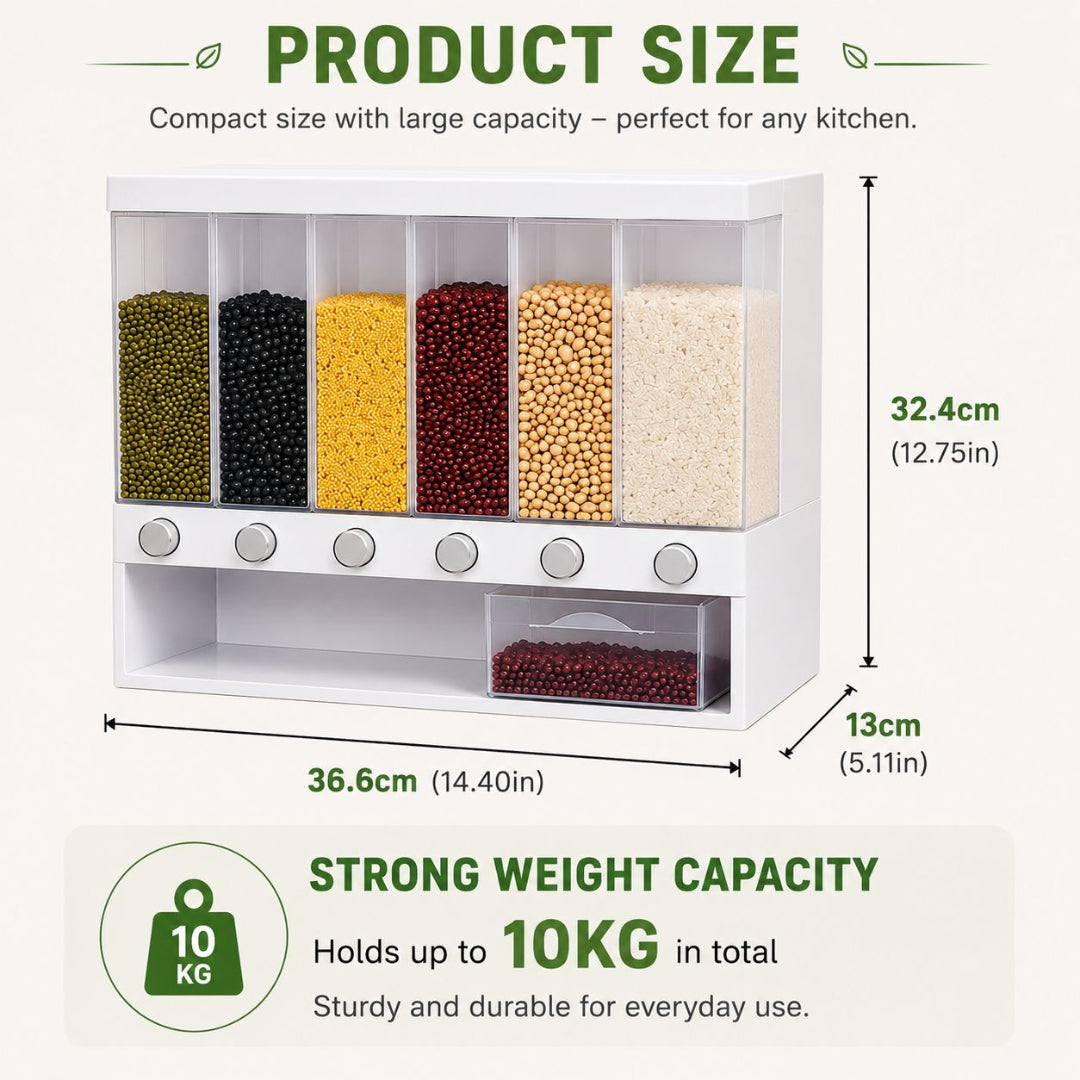 6 In 1 Wall Mounted Rice, Grain, Cereal Dispenser. (10 kg)