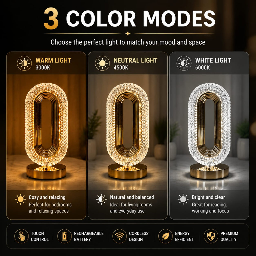 Crystal Table Lamp - Oval Rechargeable Night Light with USB Port