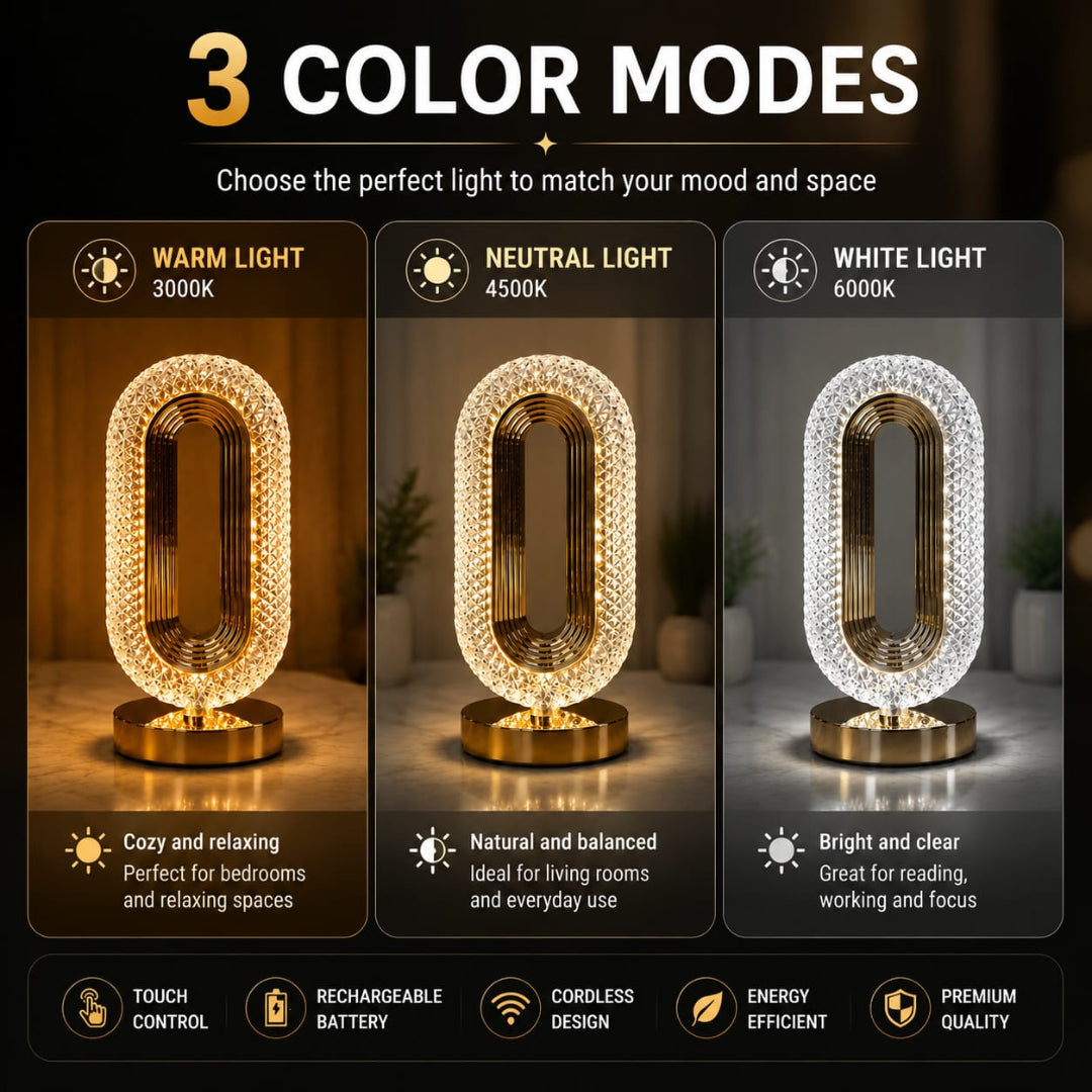 Crystal Table Lamp - Oval Rechargeable Night Light with USB Port