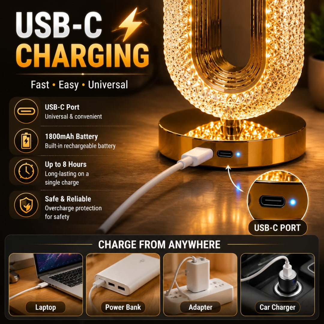 Crystal Table Lamp - Oval Rechargeable Night Light with USB Port